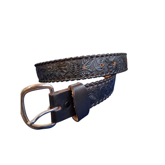 Men's size 34" Black Embossed Laced Western Cowboy Saddle Leather Belt USA Made - Picture 1 of 10